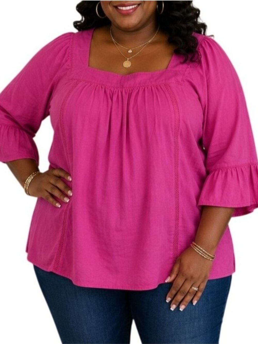 Time And Tru Size XXL Top Fuchsia Pink Bell Sleeve Peasant Top Square Neck